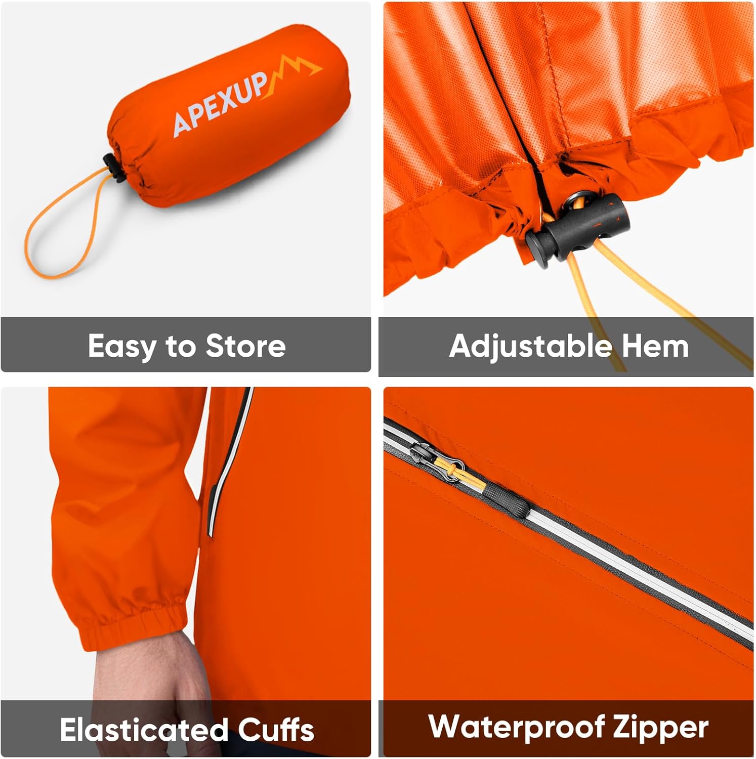 APEXUP Packable Rain Jacket Men with Reflective Zipper, Lightweight Waterproof Raincoat, Mens Rain Jacket for Outdoor Sports