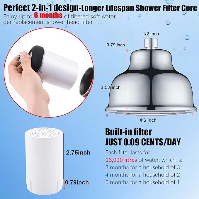 Metal Filtered Shower Head for Hard Water, High Pressure 6'' Rain Shower Head with Built-in Filter, Removes Chlorine & Impurities, Softens Water for Hair, Skin,Easy to Install,Chrome Finish