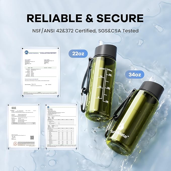 Survimate 5-Stage 0.01μm Ultra-Filtration Filtered Water Bottle, BPA-Free Material, NSF/ANSI 42&372 Certified, Portable Water Filter Bottle for Survival, Camping, Hiking, and Emergency Use