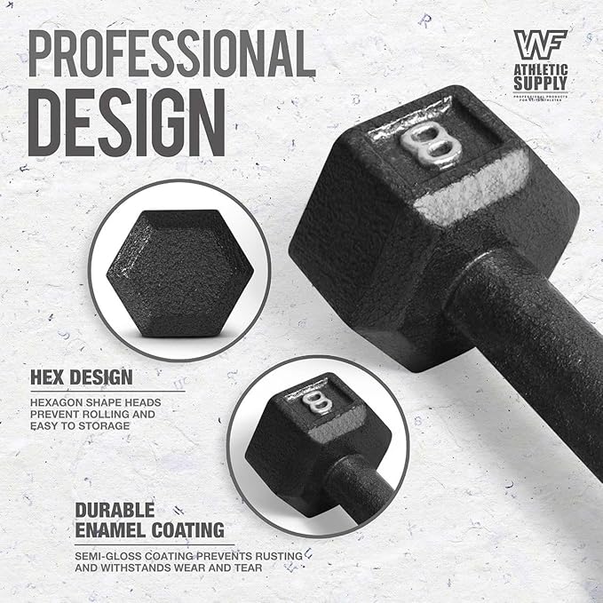 WF Athletic Supply Cast Iron Solid Hexagon Gray/Black Dumbbells, Strength Training Free Weights Set of 2 for Women and Men, Hand Weights Sold by Pairs, Multi-Select Size Options Available-FlexoryFit