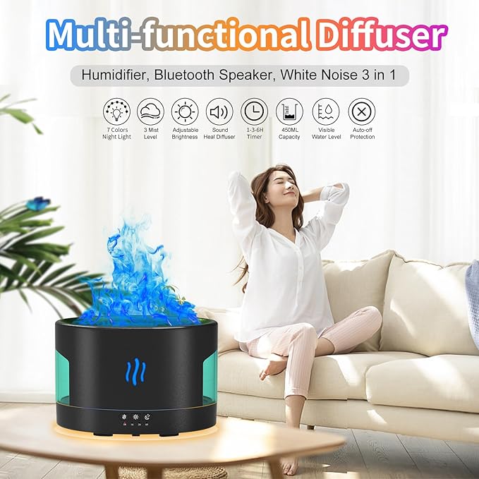 Oil Diffusers for Home Large Room, 450ml Air Humidifier with Bluetooth Speaker, White Noise and Remote, Flame Humidifier for Bedroom, Office, 7 Colors Diffuser Gifts