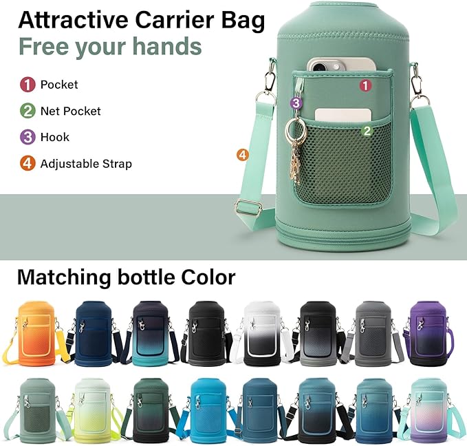 1 Gallon Water Bottle Insulated | Thickened Stainless Steel Vacuum Metal Water Jug | Portable Sports Large for Gym and Hiking with Straw, Carrier Bag, Handle Strap | BPA-Free 128 oz-FlexoryFit