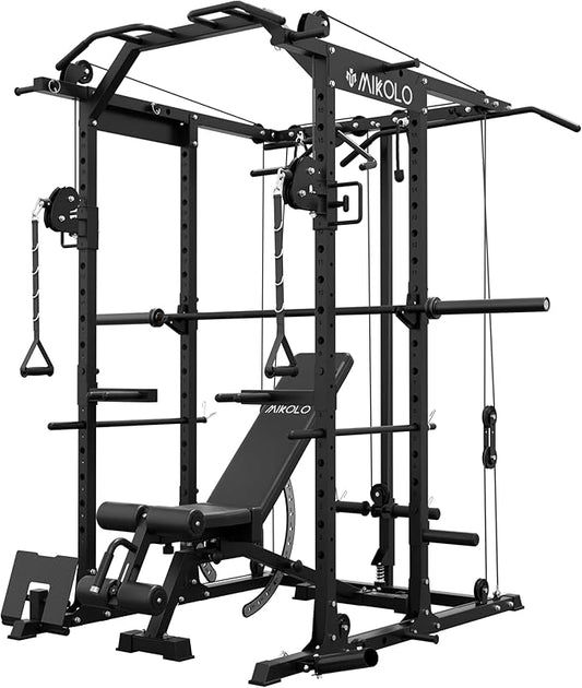 Mikolo Power Cage, Power Rack with Cable Crossover System, 1500LBS Squat Rack with LAT Pull Down System, Workout Cage with Pulley System for Fitness Home Gym-FlexoryFit