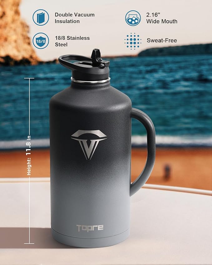 128 oz Insulated Water Bottle with Straw and Lid, One Gallon Stainless Steel Cup with Handle,Leakproof Metal Travel Jug Flask Mug Tumbler Cup With Carry Pouch and Brush,Keep Cold & Hot,Grey-FlexoryFit