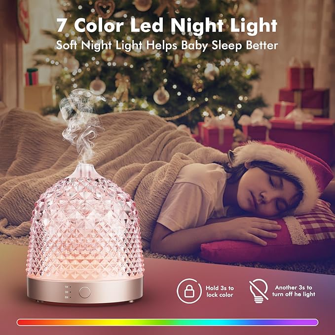 200ml Glass Reservoir Essential Oil Diffuser with Glass Dome Ultrasonic Aromatherapy Diffuser with Four Timer Colorful Light Auto-Off for Gift Home Office Bedroom
