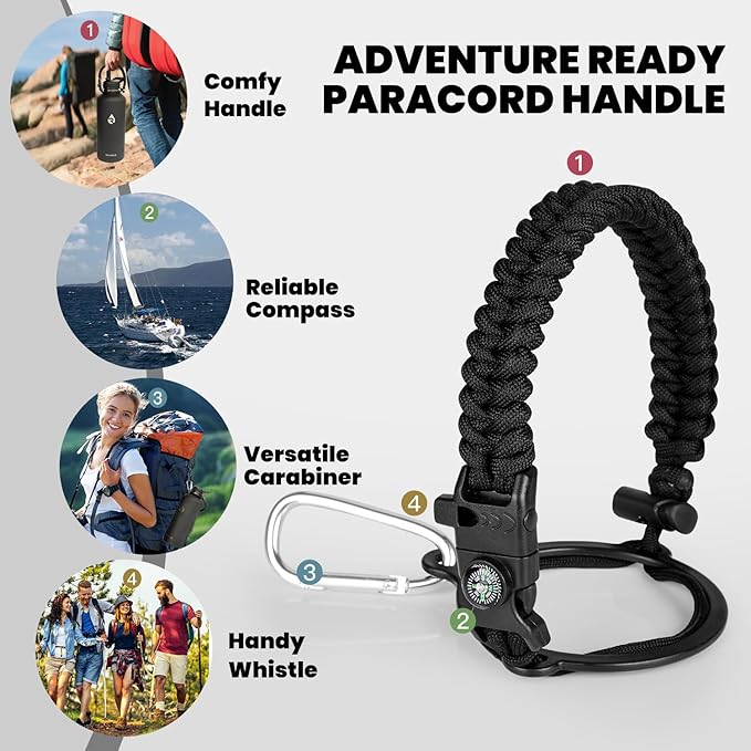 Insulated Water Bottle 87 oz, Triple Wall Vacuum Stainless Steel (Cold for 48 Hrs), Leak Proof & Non-BPA, Modern Water Flask Jug with Paracord Handle & Straw Spout Lids, Magic Black-FlexoryFit