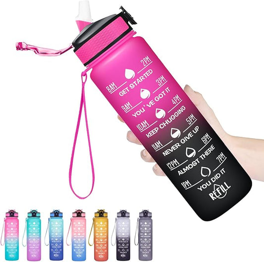 Hyeta 32 oz Water Bottles with Times to Drink and Straw, Motivational Water Bottle with Time Marker, Leakproof, Drinking Sports Water Bottle for Fitness, Gym and Outdoor-FlexoryFit