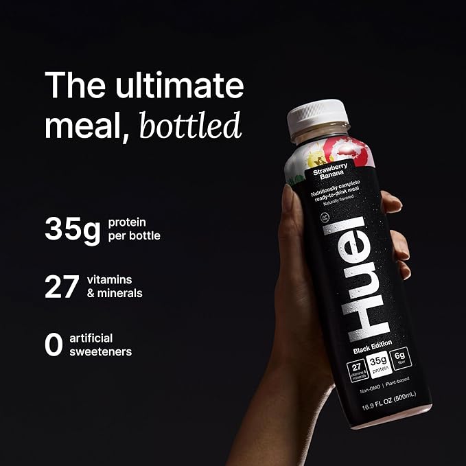 Huel Black Edition Ready-to-Drink | Strawberry Banana Meal Replacement Shake | 35g High Protein Drink | 27 Vitamins & Minerals, Vegan, Gluten Free | Plant Based | Low Sugar | 16.9 Fl Oz, 12 Pack-FlexoryFit