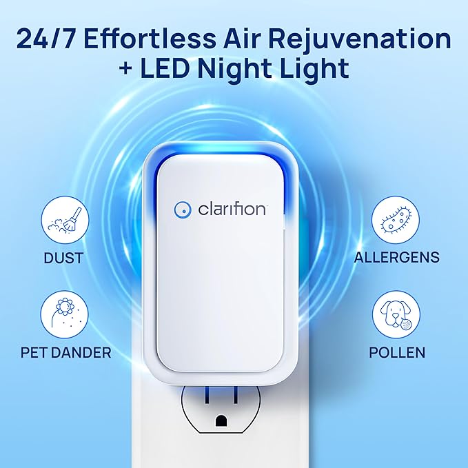 Clarifion - Air Ionizers for Home (1 Pack), Negative Ion Filtration System, Quiet Air Freshener for Bedroom, Office, Kitchen, Portable Air Filter Odor, Smoke Dust, Pets, Eliminator, Mini Air Cleaner