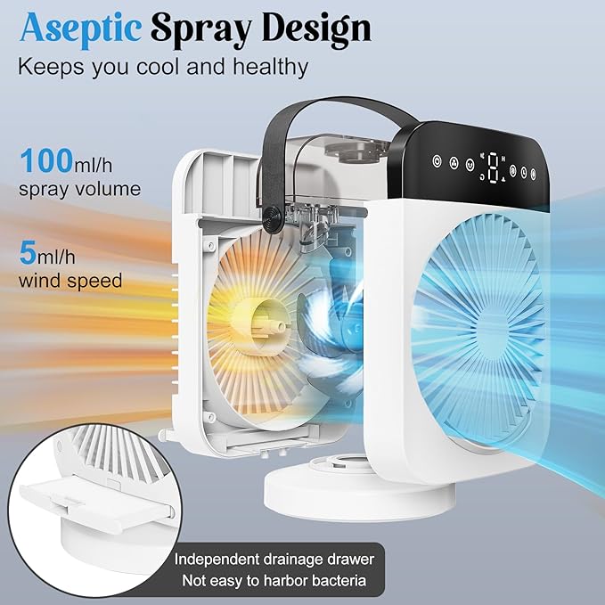 Portable Air Conditioner, Personal Mini Air Conditioner Cooling Fan with 5 Speeds, 70° Oscillation, Evaporative Air Cooler 1/2/4/8H Timer, 7 LED Night Light Portable AC for Car Camping Bedroom Office
