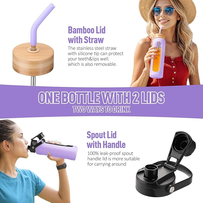Kodrine Water Bottle with Straw, 24 oz Glass water Bottle with 2 Lids Bamboo Straw Lid and Spout Lid with Handle, 32 oz Clear Water Bottle Glass for Sports Travel, Waterbottle with Time Marker-FlexoryFit