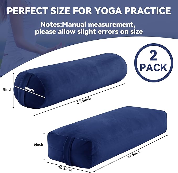 ROYALAY 2 Pcs Yoga Bolster Pillow for Restorative Yoga, Rectangular and Cylinder Meditation Pillow Set with Carrying Handles, Supportive Cushion for Exercise Workout Stretching Meditation,Dark Blue-FlexoryFit