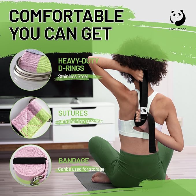 Slim Panda Yoga Strap for Stretching,Cotton Yoga Strap with Adjustable D-Ring Buckle,Non-Elastic Yoga Belt for Pilates,Gym Workouts,Physical Therapy,Improve Flexibility-FlexoryFit