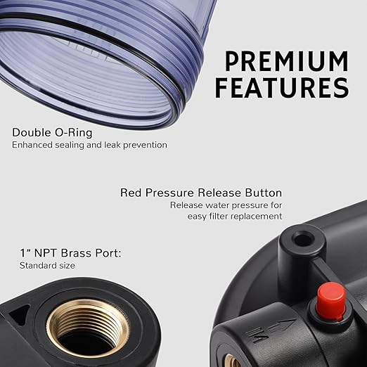 Airthereal Whole House Water Filter Housing, 10" x 4.5" Sediment Carbon Cartridge Universal Housing, Pre-Filtration System for Well and City Water with 1" NPT Port and Include 1-Pack PP Filter