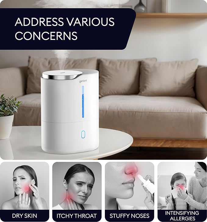 GENIANI Ultrasonic Cool Mist Humidifier for Bedroom, Large Rooms, Home, 4L - Easy Fill & Clean Humidifier for Plants w/Auto Shut-off, 40H Runtime - Quiet, Top Fill Air Humidifier