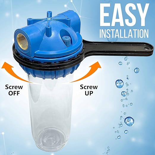 10 Inches Transparent Standard Whole House Water Filter System with Presser Relief Valve, 3/4” Inlet/Outlet Brass Port and Yearly Supply (4) Sediment Cartridges 50 Micron