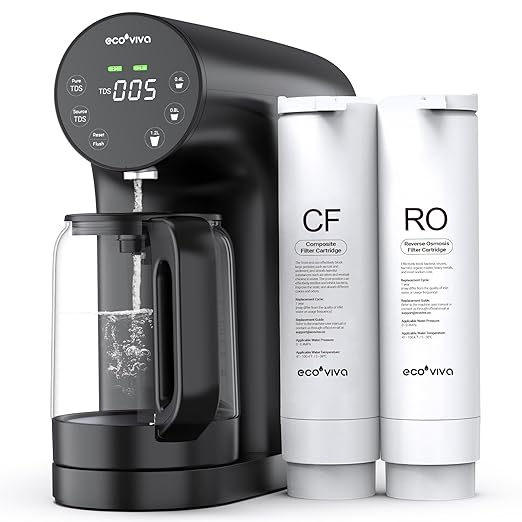 Ecoviva Countertop Reverse Osmosis System RO Water Filter, 5-Stage Filtration, Real-time TDS Monitor, 3:1 Pure to Drain, No Installation Portable Water Purifier-Black