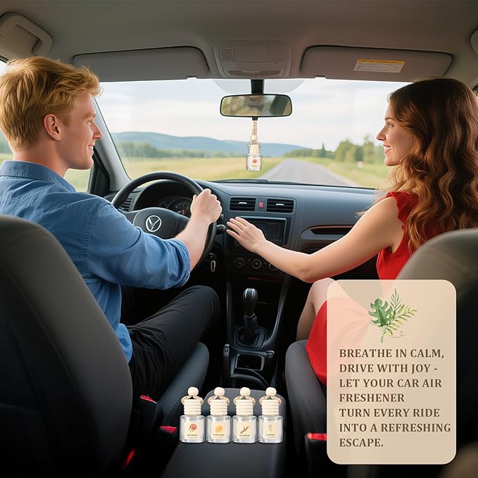 Car Air Freshener Oil Diffuser - Hanging Long Lasting Scent for Car & Home, Essential Oil Freshener with Adjustable Fragrance (Lavender+Red Roses+Oud Wood+Amber Allure)