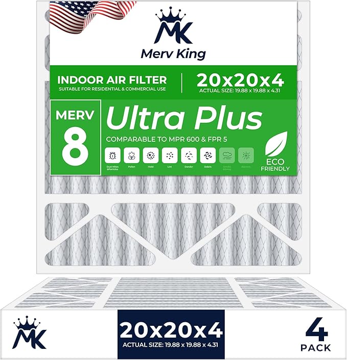 MervKing 20x20x4 Air Filter | MERV 8 | MPR 600-700 Ultra Plus | 4-Pack | Pleated HVAC AC Furnace Replacement Air Filters | Actual Size: 19.88" x 19.88" x 4.31"