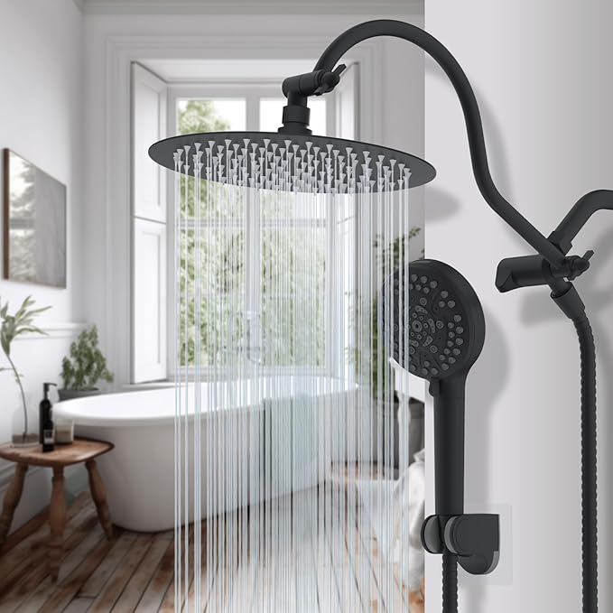 Hibbent All Metal Shower Head, 10'' High Pressure Rainfall Shower Head, Handheld Showerhead Combo, 12'' Adjustable Curved Extension Arm, 10 Sprays, 71'' Shower Hose, Showerhead Holder, Matte Black