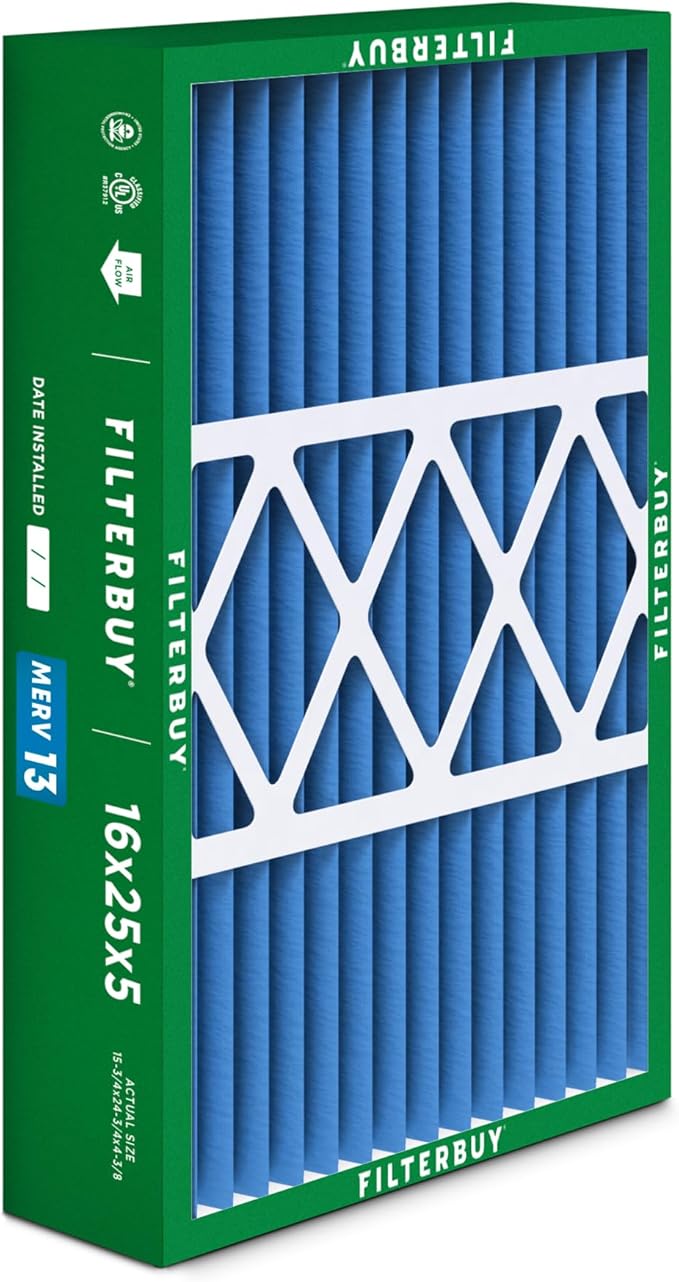 Filterbuy 16x25x5 Air Filter MERV 13 Optimal Defense (2-Pack), Pleated HVAC AC Furnace Air Filters for Honeywell FC100A1029, Lennox X6670, Carrier, & More (Actual Size: 15.75 x 24.75 x 4.38 Inches)