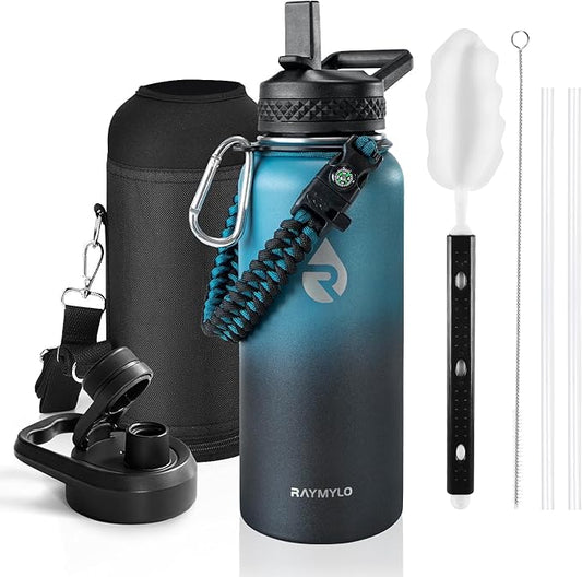 Insulated Water Bottle 32 oz, Triple Wall Vacuum Stainless Steel (Cold for 48 Hrs, Hot for 24Hrs), Leak Proof & Non-BPA, 32oz Hydro Water Flask with Paracord Handle & Straw Spout Lids-FlexoryFit