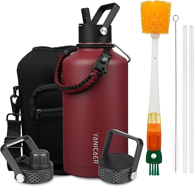 Insulated Water Bottle 64oz,Triple Wall Vacuum Stainless Steel(Dishwasher Safe),Leak Proof & Non-BPA,Flask Jug with Paracord Handle & Straw Spout Lids Sports-FlexoryFit