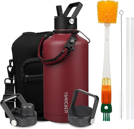 Insulated Water Bottle 64oz,Triple Wall Vacuum Stainless Steel(Dishwasher Safe),Leak Proof & Non-BPA,Flask Jug with Paracord Handle & Straw Spout Lids Sports-FlexoryFit