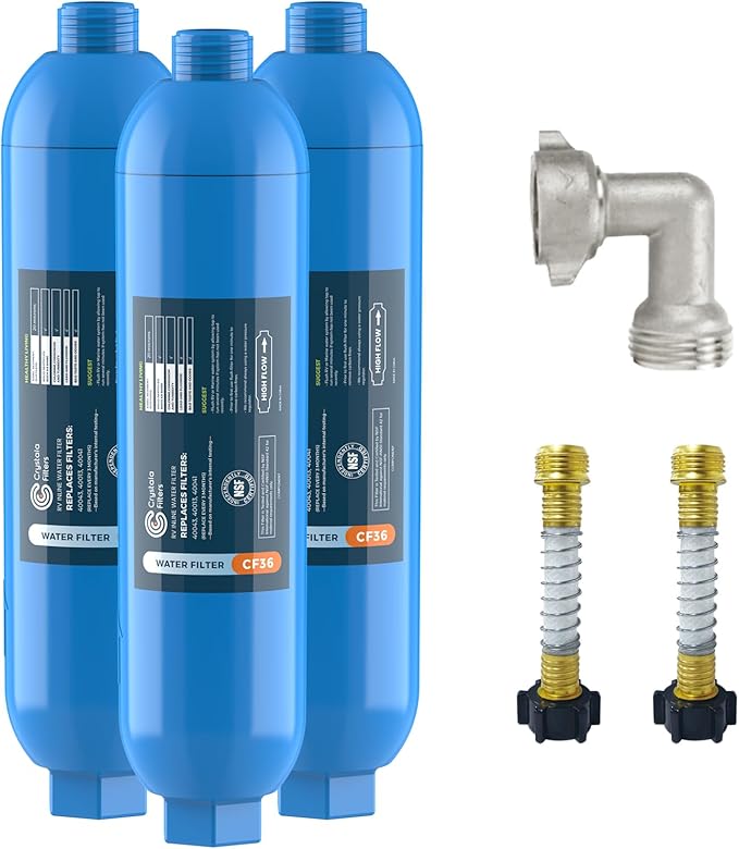 CRYSTALA RV/Camper Water Filter, Inline Water Filter Effectively Reduces Bad Taste, Odors, Chlorine and Sediment for RVs and Marines, 3 Pack Filter with 2 Flexible Hose Protector