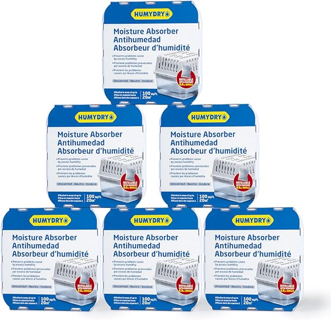 HUMYDRY® - 6-pack of dehumidifying devices with 6 refills in pouch - 8.8 oz - Medium size - Fragrance-free - Ideal for spaces up to 100 sq.ft.