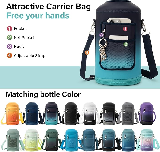 1 Gallon Water Bottle Insulated | Thickened Stainless Steel Vacuum Metal Water Jug | Portable Sports Large for Gym and Hiking with Straw, Carrier Bag, Handle Strap | BPA-Free 128 oz-FlexoryFit