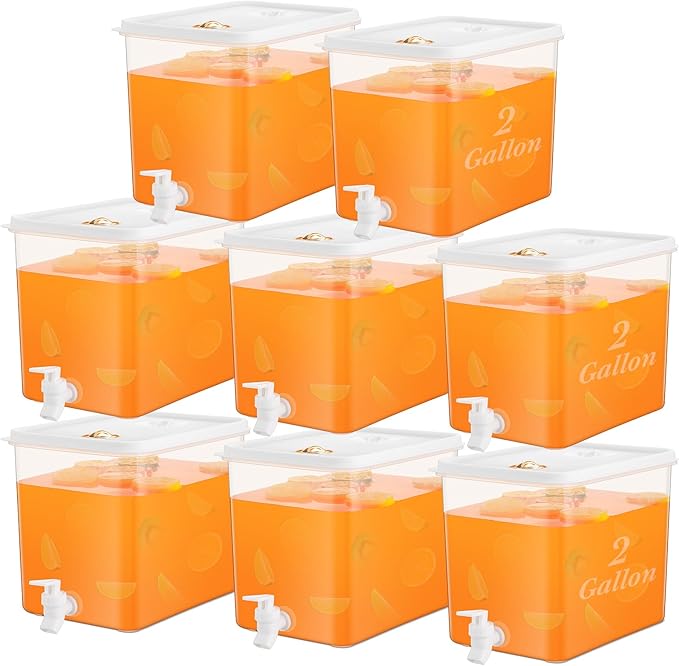 Domensi 8 Pack 2 Gallon Drink Dispenser for Fridge with Spigot Water Dispenser Leak Proof Lids Filter Screen Beverage Juice Container Sealed Plastic Lemonade Milk Cold Hot Drink Tea Jug for Party