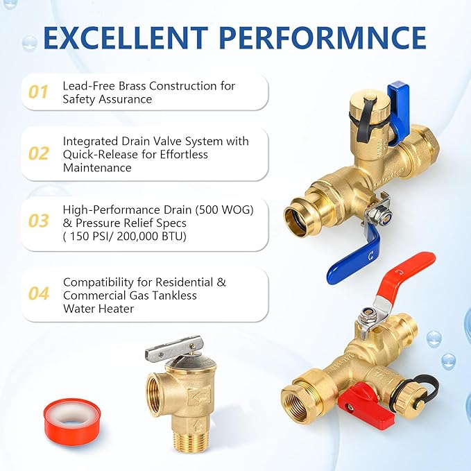 3/4 Inch GUOFIS IPS Tankless Water Heater Valve Kit with Pressure Relief Valve(3/4"FIPx 3/4" Press),1 Set Water Heater Valve Kit