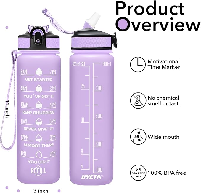 Hyeta 32 oz Water Bottles with Times to Drink and Straw, Motivational Water Bottle with Time Marker, Leakproof, Drinking Sports Water Bottle for Fitness, Gym and Outdoor-FlexoryFit