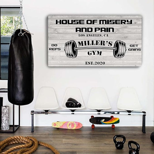 Tailored Canvases Personalized Gym Sign Wall Art Decor - Motivational Canvas for Home Gym, Workout Room, Garage, Fitness Center - Workout Inspirational Posters - House of Misery and Pain, White Wood 20x10in