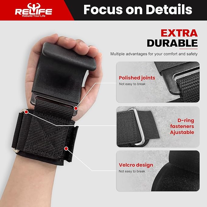RELIFE REBUILD YOUR LIFE Lifting Hooks for Men and Women(Pair), Pull Up Straps, Gym Reapers Lifting Wrist Grips, Heavy Powerlifting, Lifting Hooks for Weight Lifting-FlexoryFit