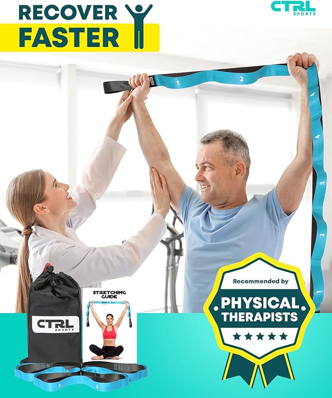 Stretching Strap with Loops - Non Elastic Stretch Band for Physical Therapy, Yoga Strap for Stretching Equipment, Stretch Bands for Exercise and Flexibility - Fascia, Hamstring & Leg Stretcher Belt-FlexoryFit