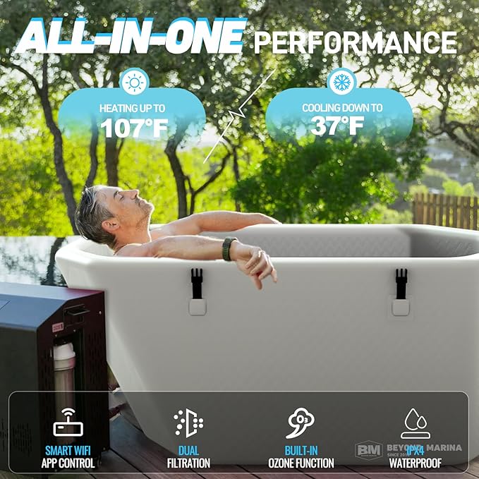 Slanted-Edge Cold Plunge Tub with 1 HP Chiller, Inflatable Ice Bath Tub with Hot & Cold Modes, Ozone, Smart WiFi, Dual Filters, Fast Cooling, 120 Gal, 61" L x 31.5" W x 24.8" H