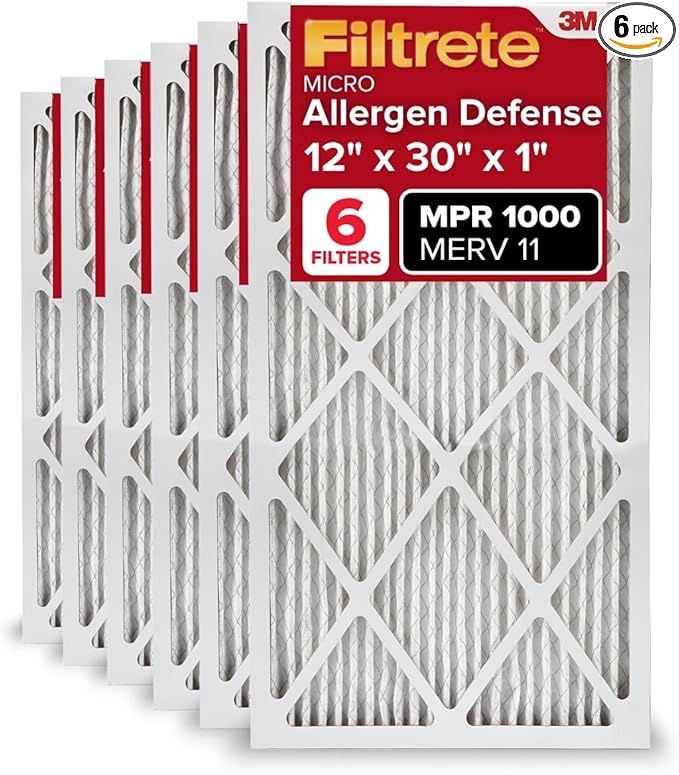 Filtrete 12x30x1 AC Furnace Air Filter, MERV 11, MPR 1000, Micro Allergen Defense, 3-Month Pleated 1-Inch Electrostatic Air Cleaning Filter, 6 Pack (Actual Size 11.81x29.81x0.81 in)