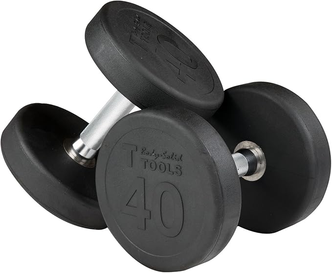 Body-Solid (GDR363-SDP) Round Rubber Dumbbell Set with Rack and Floor Mat, Includes 5-40 lb Dumbell Pairs with Chrome-Plated Handles, Commercial and Home Gym Weight Holder for Dumbbells-FlexoryFit