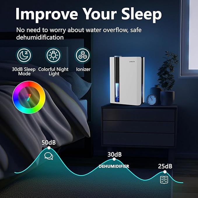 SIMSEN 95oz Dehumidifiers for Home, 800 sq ft Quiet Small Dehumidifier with Drain Hose, Dehumidifiers for Bedroom Bathroom Basements Closet RV (White)