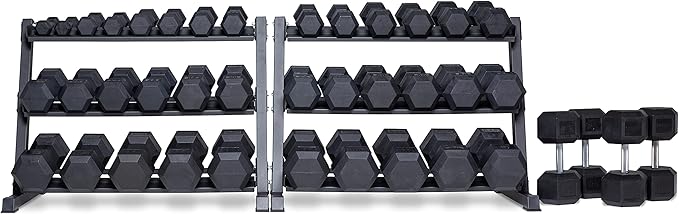 REP Fitness Rubber Hex Dumbbell Set, Adjustable Weight Pairs, Home Gym Equipment, Strength Training For Men Women, Black Coated Grips, Workout Rack Storage Optional, Heavy Lb Free Weights-FlexoryFit