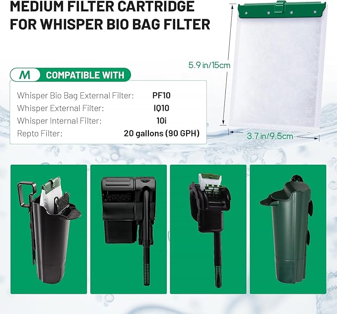 16 Count Medium Filter Cartridges Compatible with Whisper Bio Bag Filters, Large Aquarium Filter Cartridge for Whisper 10i/IQ10/PF10 and Repto Filter 90 GPH
