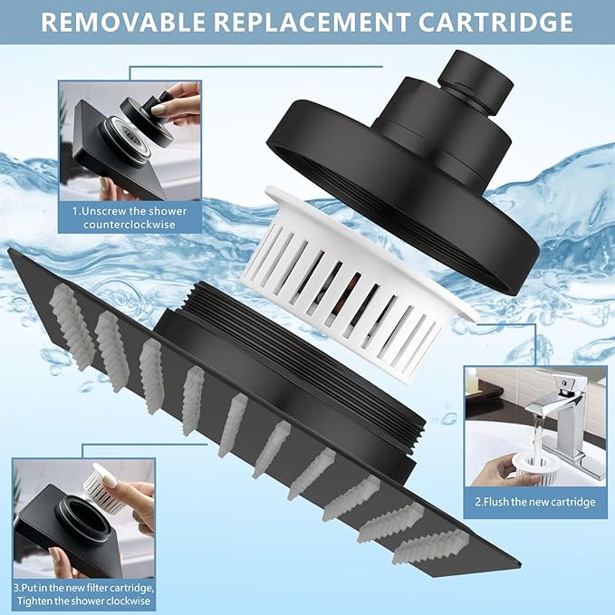 High Pressure Rain Shower Head with Filtered - 8" All Metal Square Showerhead Filter for Remove Chlorine and Harmful Substances, Matte Black