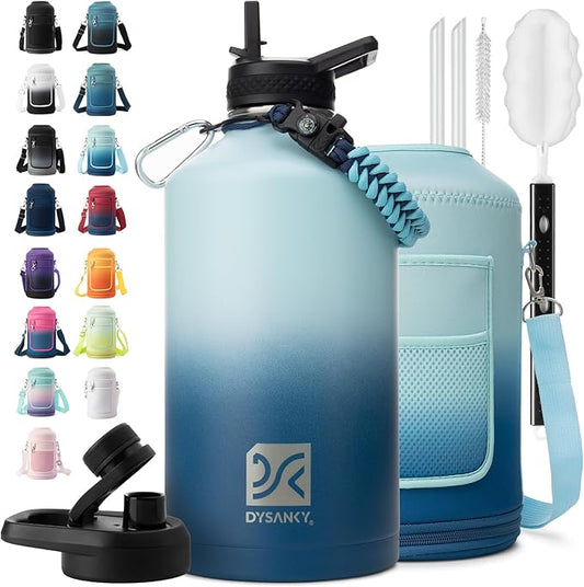 1 Gallon Water Bottle Insulated | Thickened Stainless Steel Vacuum Metal Water Jug | Portable Sports Large for Gym and Hiking with Straw, Carrier Bag, Handle Strap | BPA-Free 128 oz-FlexoryFit