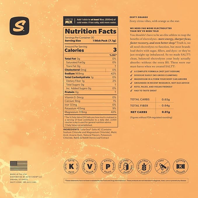 Keto Chow SALTT Electrolytes Powder Packets, Zesty Orange (30 Hydration Packets) - Magnesium, Potassium, Sodium, Trace Minerals - Vegan, Sugar Free, Gluten Free - Travel Essentials - Made in USA-FlexoryFit