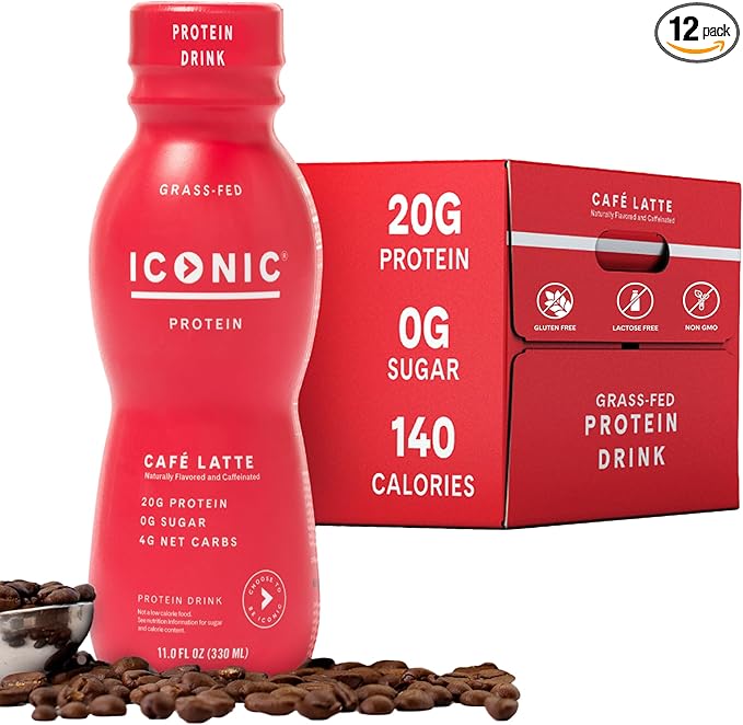 Iconic Protein Drinks, Café Latte (12 Pack) - Sugar Free & Low Carb - 20g Protein + 100mg Caffeine - Lactose Free, Gluten Free - Keto Friendly Protein Coffee-FlexoryFit