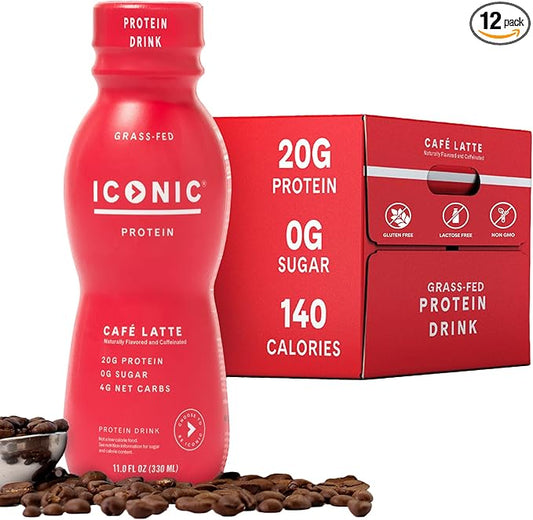 Iconic Protein Drinks, Café Latte (12 Pack) - Sugar Free & Low Carb - 20g Protein + 100mg Caffeine - Lactose Free, Gluten Free - Keto Friendly Protein Coffee-FlexoryFit