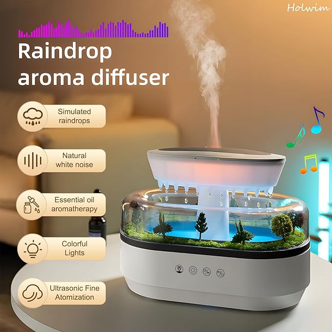 Essential Oil Flame Diffuser 250ml Cloud Rain Humidifier Water Drip Aromatherapy Diffuser Air Humidifier with 7 Colors Light, Micro Landscape, White Noise, Auto-Off for Home Office (White)