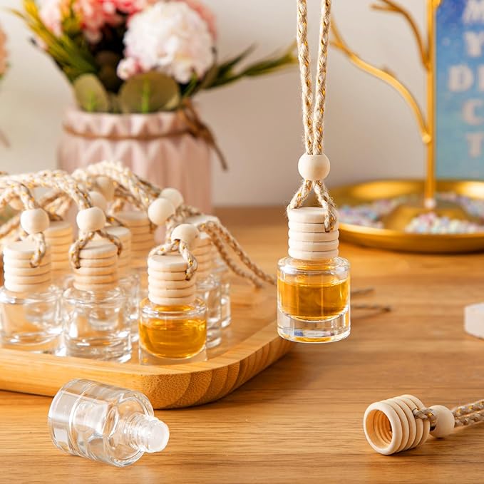Domensi 70 Pieces Hanging Car Diffuser Air Freshener Bottle Bulk Empty Glass Refillable Perfume Bottles Oil Diffuser Aromatherapy Pendant for Auto Interior Ornaments Decor (Clear)